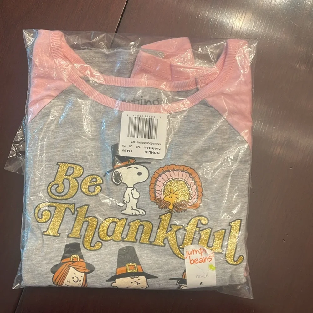 NIP jumping beans snoopy peanuts be thankful Thanksgiving shirt girls 5